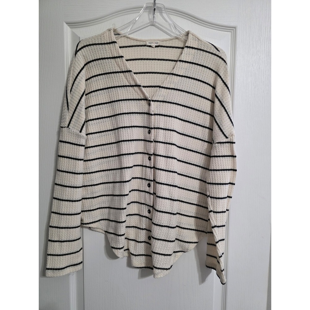 Heart & Hips Women Large Cream Black Striped Waffle Knit Button Front Top Cozy
